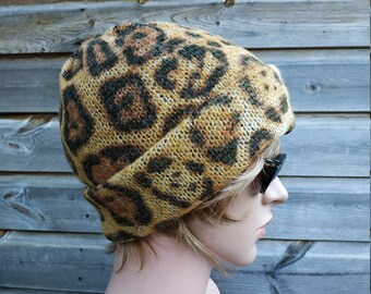 Leopard Print, 100% Woolslouchy Beanie Hat, Made From