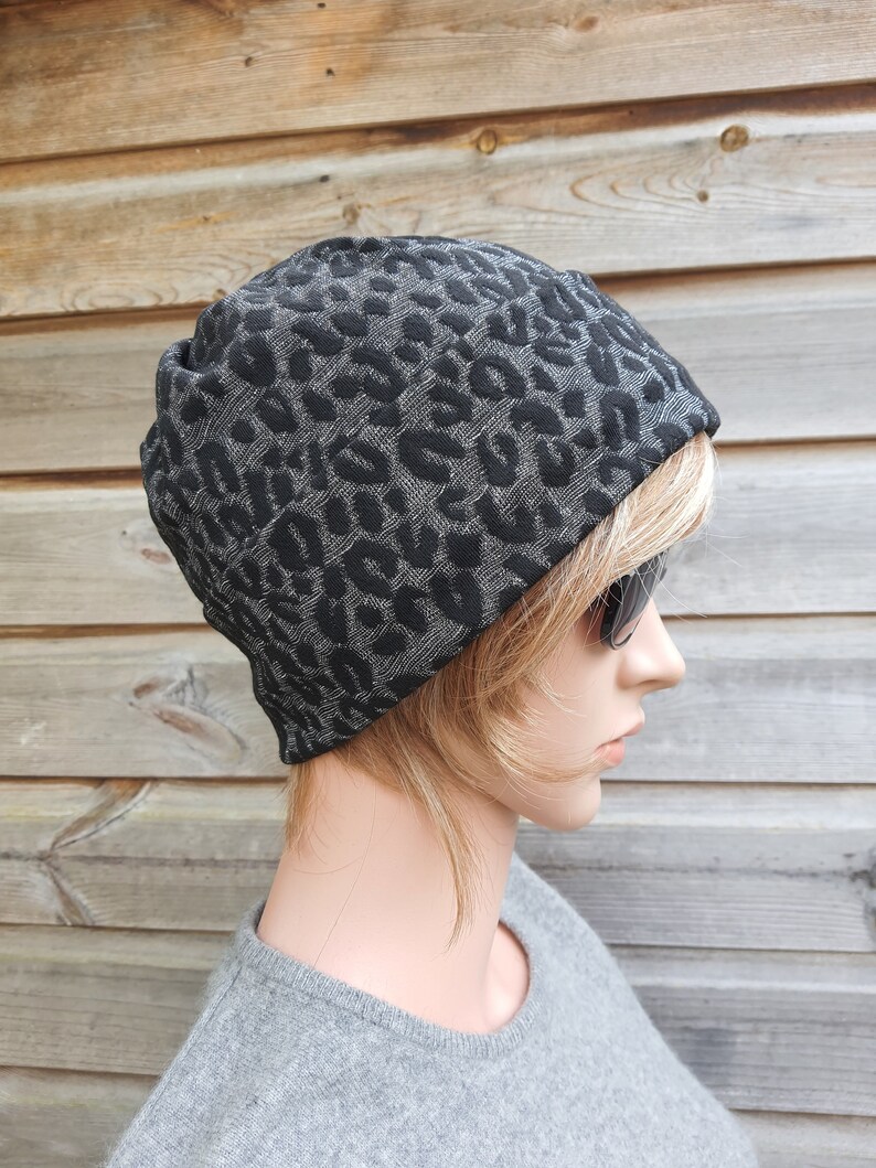 Slouchy Beanie Slouch Hat Women Beanie Jackard Leopard Pattern Black Grey With Silver Fibres Chemo Headwear