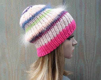 Luxury Mohair beanie hat, Fluffy , Soft & Fashionable beanie, Hand knit fuzzy ladies winter hat . Handmade women accessories.