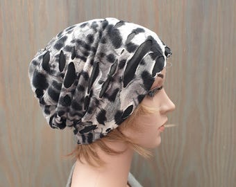 Women's Beanie, Monochrome distressed Slouchy Beanie Hat, Chemo Headwear, Slouch Hat, Lightweight Viscose Hat. Reversible Beanie.