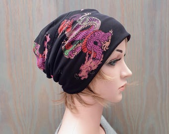 Women's Beanie, Dragon Pattern Beanie, Slouchy Beanie Hat, Chemo Headwear, Slouch Hat, Lightweight Viscose Hat.