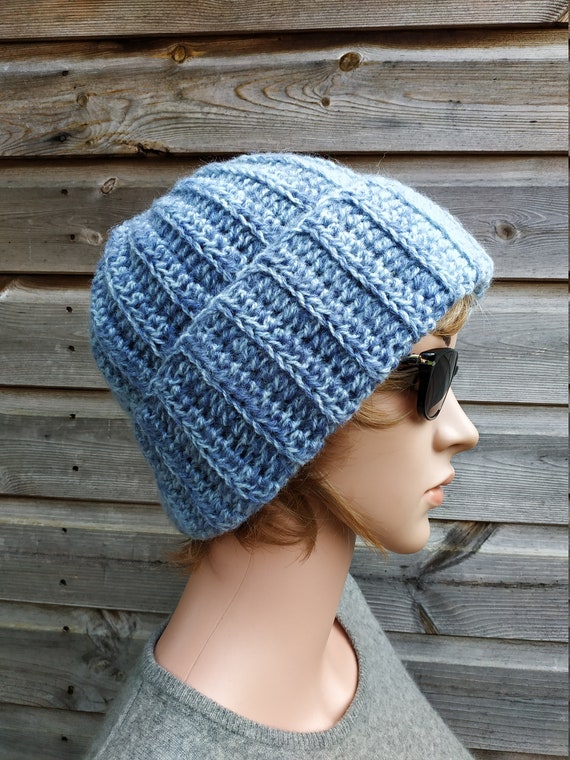 Shades of Blue Hand Knit Wool and Acrylic Hat , Women Beanie  display picture 3