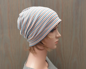 Women's Beanie, Stripy Slouchy Beanie Hat, Chemo Headwear, Slouch Hat, Lightweight Cotton Hat.