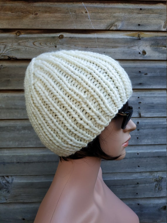 Milk White Ribbed Hand Knit Beanie Hat 