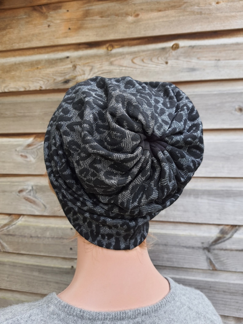 Slouchy Beanie Slouch Hat Women Beanie Jackard Leopard Pattern Black Grey With Silver Fibres Chemo Headwear