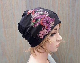 Dragon Print Slouchy Beanie, Lightweight Viscose Chemo Hat