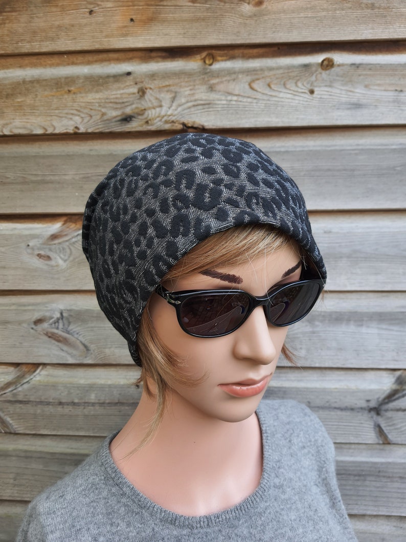 Slouchy Beanie Slouch Hat Women Beanie Jackard Leopard Pattern Black Grey With Silver Fibres Chemo Headwear