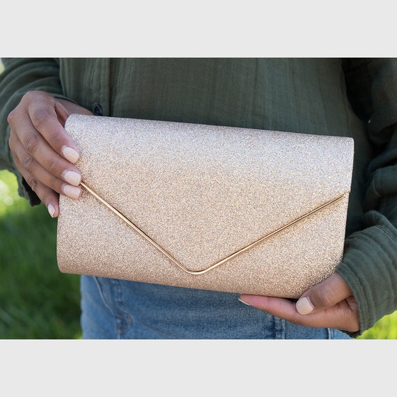 Metal Detail Clutch Envelope Bag, Glitter Evening Flap Purse