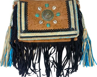 Crossbody Tooled Leather Handbag Fringes Western Tassel Bag Purse Travel Women Hippie Boho Shoulder Bag
