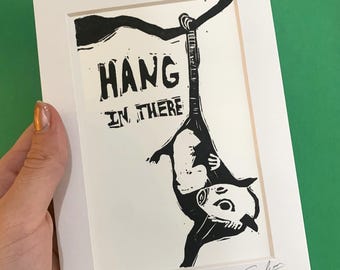 Funny Possum Artwork - 5x7 Hand Carved Print- Hang In There
