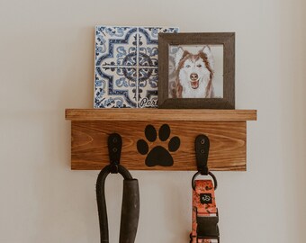 Wooden Dog Leash Holder with Shelf, Extra Large Hooks