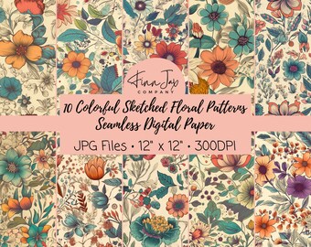 Floral Digital Paper, Floral Sketches, Digital Paper Pack, Seamless Patterns, Bright Floral Prints, Floral Background, Floral Paper