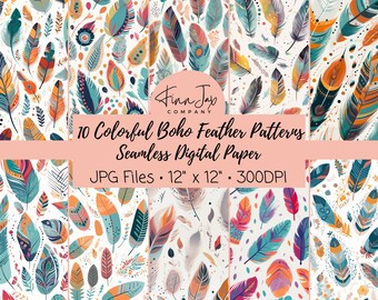 Colorful Feather Digital Paper, Boho Feather Paper, Seamless Patterns, Colorful Feathers, Feather Background, Feather Paper JPG