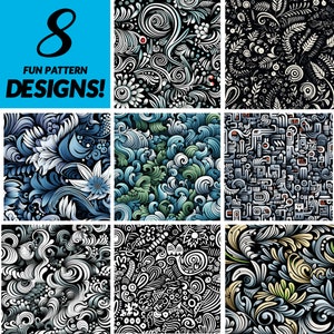 Può includere: Otto diversi motivi senza cuciture con vari design. I motivi includono disegni floreali, ondulatori, geometrici e astratti in nero, bianco, blu, verde e giallo.