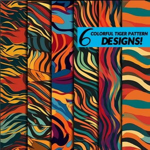 Op de afbeelding: Zes kleurrijke tijgerstreep patronen in verschillende kleuren, waaronder oranje, geel, blauw, groen, rood en zwart.  "6 COLORFUL TIGER PATTERN DESIGNS!" staat in witte tekst op een blauwe achtergrond.