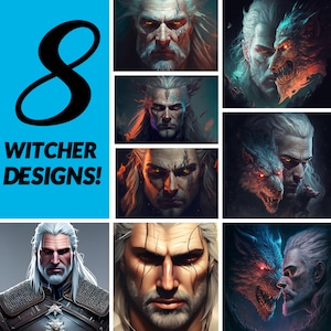 May include: A collage of eight different digital art designs featuring Geralt of Rivia, the protagonist of the Witcher video game series. Each design depicts Geralt with a different expression and style, including a close-up of his face, a portrait with a wolf, and a more stylized design.