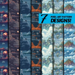 May include: Seven pixel art patterns featuring different landscapes. The patterns include a space scene, a city scene, a forest scene, and a cloud scene. The patterns are all in a pixel art style.