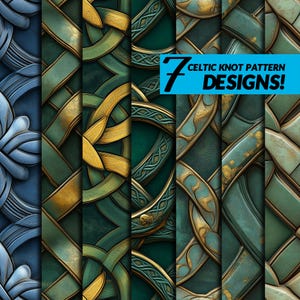 May include: Seven different Celtic knot patterns in green and gold. The patterns are intricate and detailed, and they would be perfect for use in a variety of crafts and designs.