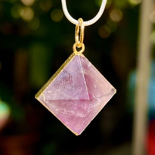 Triangle Pyramid Amethyst Purple Crystal Necklace 14K Healing Stone Pendant Gold Antique / Best Gift Ideas For Dad From Daughters