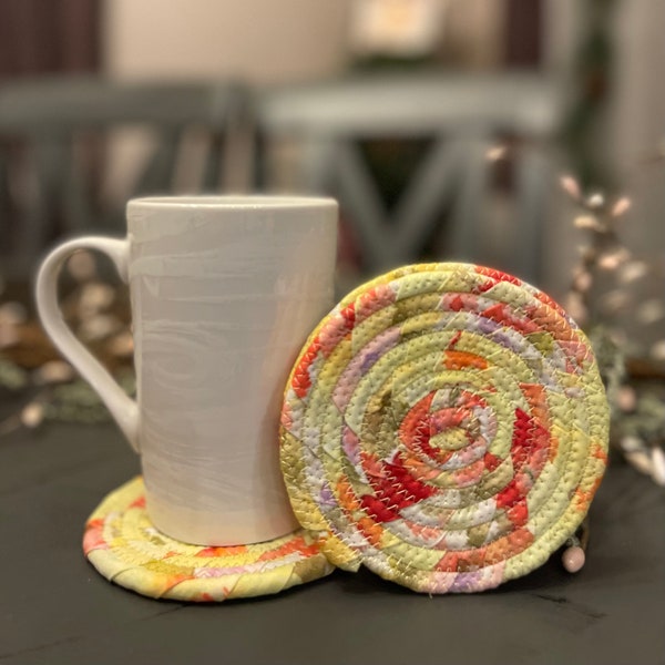 Coaster, fabric, colorful, handmade, practical, gift, presents, hot/cold beverages, glasses, mug, cup, beautiful, circles, rope, cotton...
