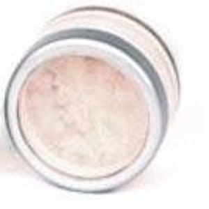May include: A round, white, and silver compact with a black stripe around the edge. The compact is open and the inside is filled with a light pink powder.
