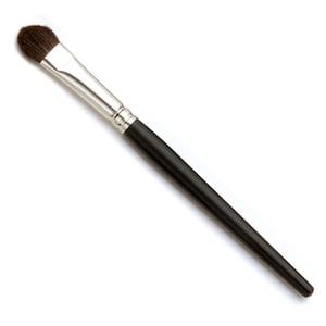 May include: A black handled makeup brush with a soft, brown bristle head.