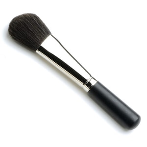 May include: A black and silver makeup brush with a rounded, fluffy brush head.