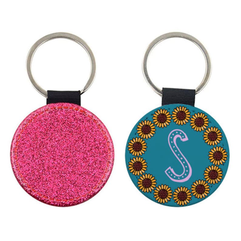 Teal Alphabet Purple Dots Turquoise Sunflowers Personalised Stocking fillers Yellow Initial Glitter keychainkeyring