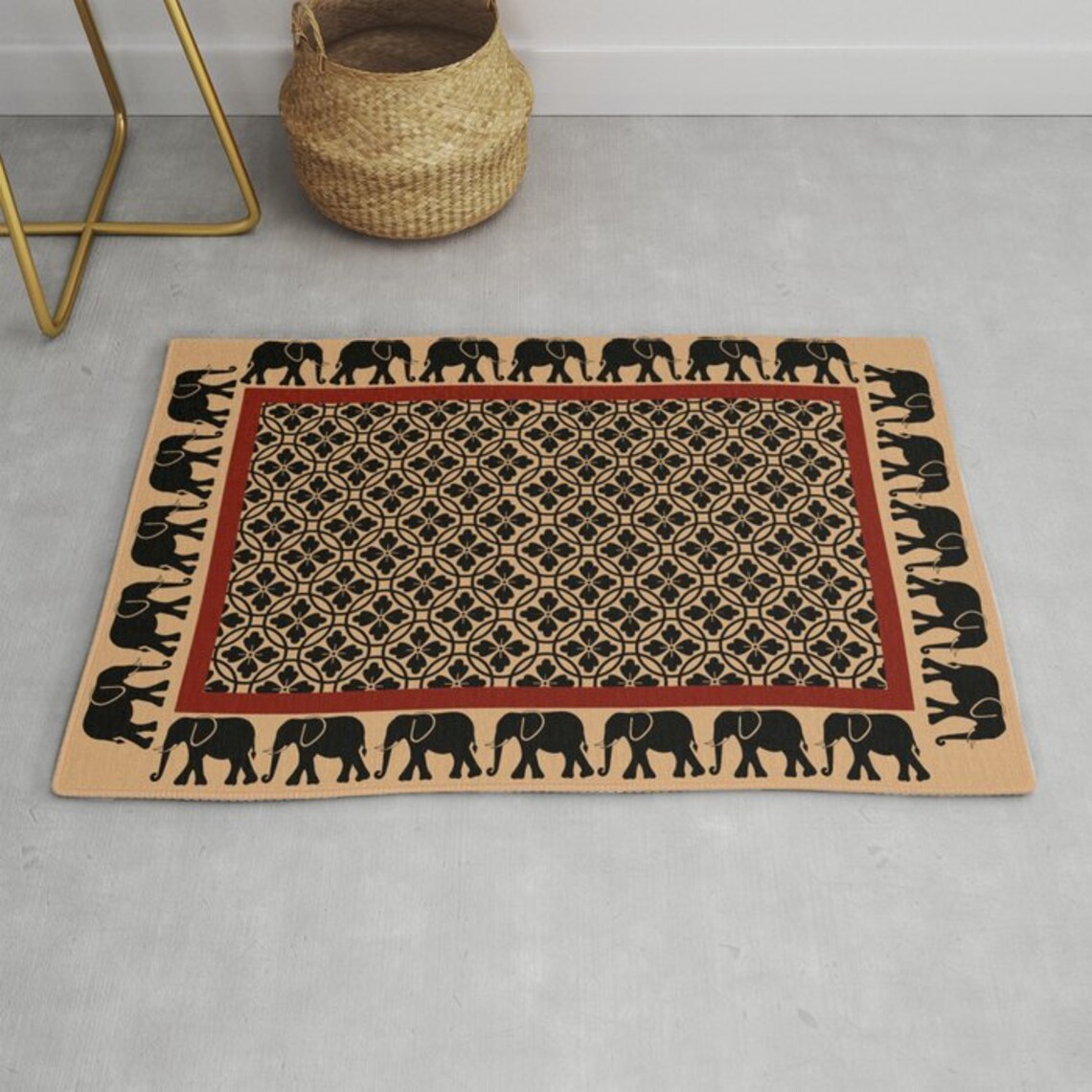 Elephants on a Walk Pattern Area Rug Caramel Beige Black Etsy