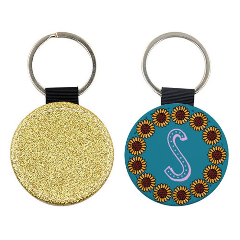 Teal Alphabet Purple Dots Turquoise Sunflowers Personalised Stocking fillers Yellow Initial Glitter keychainkeyring