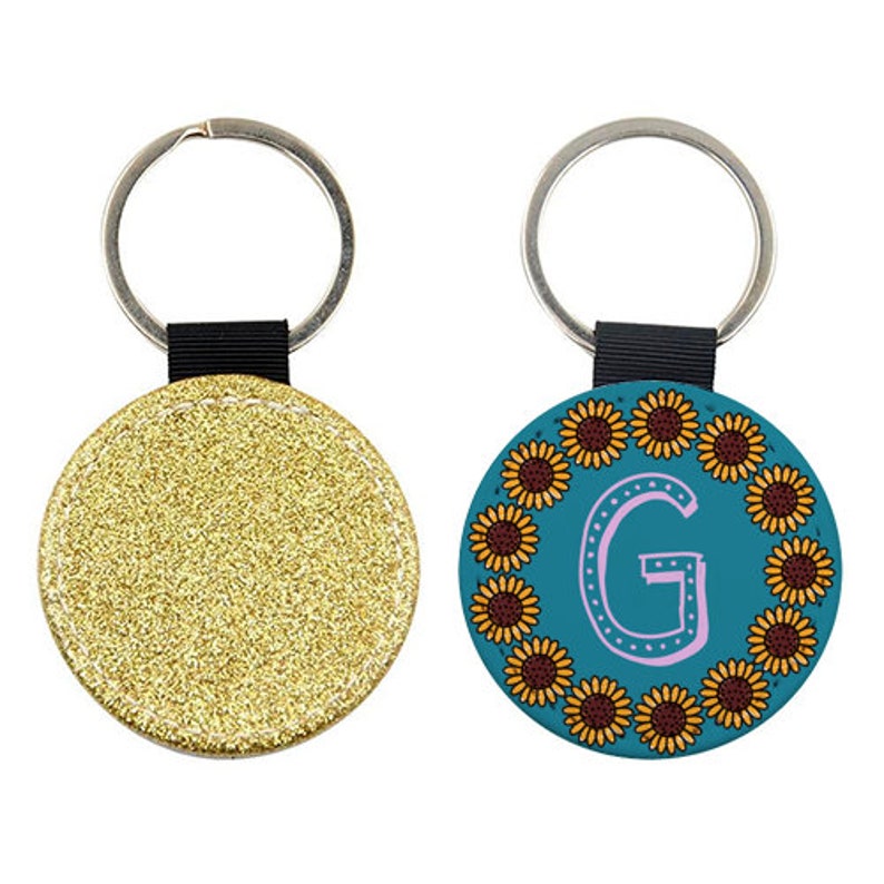 Teal Alphabet Purple Dots Turquoise Sunflowers Personalised Stocking fillers Yellow Initial Glitter keychainkeyring