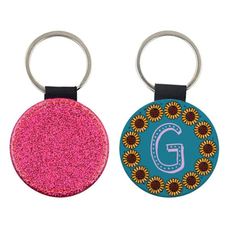 Teal Alphabet Purple Dots Turquoise Sunflowers Personalised Stocking fillers Yellow Initial Glitter keychainkeyring