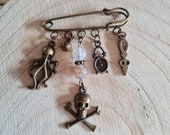 Bronze "Pirate" charm brooch, Dragon vein agate beads, Steampunk Collection