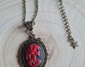 Red skeleton necklace in resin and bronze, medallion, Gothic Collection