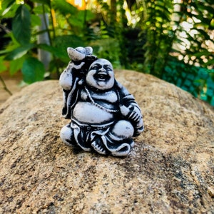 May include: A small, seated Buddha statue with a smiling expression. The statue is primarily gray with black detailing, holding a bag and a flower. It is placed on a textured, light brown rock, with green foliage in the background.