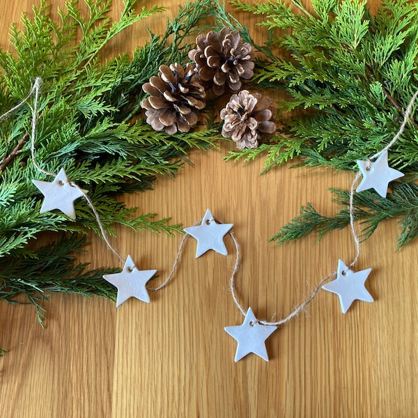 Rustic White Star Christmas Garland - Handmade - Clay - Home Decor - Clay Star Garland