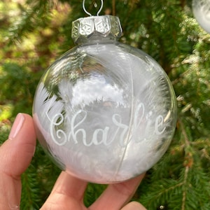 Handwritten Clear Personalised Bauble Christmas Decorations (With Feathers)