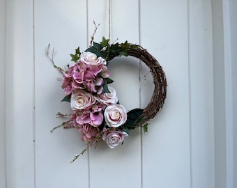 Luxury Faux Handmade Spring / Summer Flower and Foliage - Roses, Ivy & Hydrangea - Personalised Door Wreath