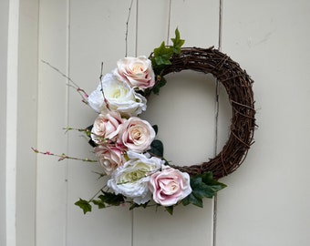 Luxury Faux Handmade Spring / Summer Flower and Foliage - Roses, Ivy & Peony - Personalised Door Wreath