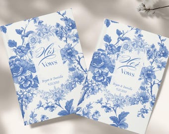 Personalized His and Hers French Toile De Vouy Wedding Vow Book, Customized Groom Bride Elegant Ceremony Gift Blue Floral Classic Timeless