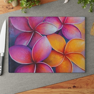 Plumeria Tropical Flower Glass Cutting Board, Hawaiian Island Kitchen Decor, Vibrant Summer Serving Tray, Gift for New Home Buyer, Mom, BDay