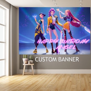 May include: A custom banner featuring three animated figures with glowing weapons. The banner has the text "Happy Birthday Angel" in pink neon and "Custom Banner" in white. The figures are in various outfits with yellow, black, and orange accents.