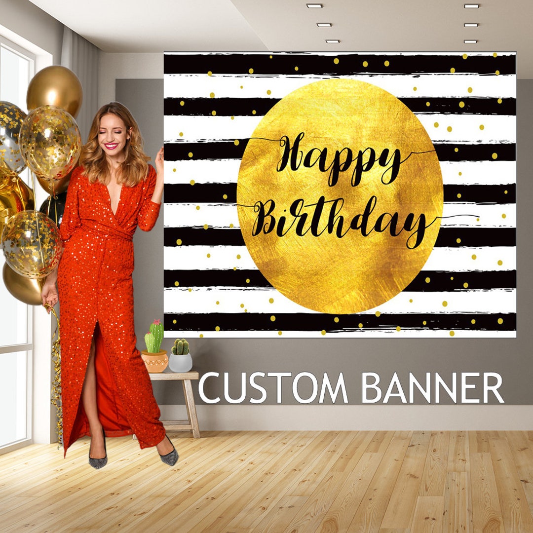 Custom Birthday Backdrop, Black and Gold Backdrop,adults Party Banner
