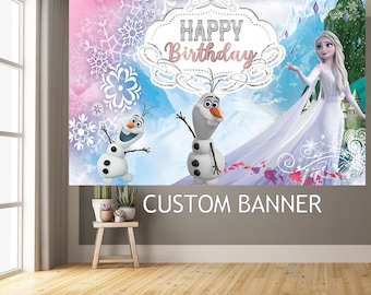 Fondo para fiesta de cumpleaños de Frozen, pancarta de bienvenida de princesas Disney, fondo de cumpleaños con copos de nieve invernales