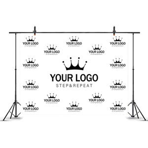 May include: A white step and repeat backdrop banner mounted on a black metal stand. The banner features a repeating pattern of a black crown icon above the text YOUR LOGO STEP&REPEAT, with a larger version of the crown and text in the center.