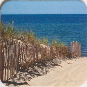 May include: A wooden fence with a gate leading to a sandy beach with blue water and a clear sky in the background.