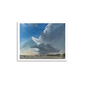 May include: A painting of a beach scene with a large, dark cloud in the sky. The cloud is casting a shadow over the beach, which is empty except for a few people walking in the distance.