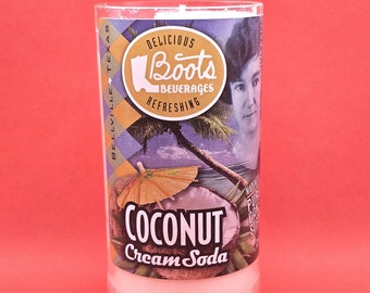 Boots Beverages Coconut Cream Soda Bottle Candle, Soy Wax, Citrus & Spice Scent, Gift for Soda Lover, Recycled, Upcycled, Belleville Texas