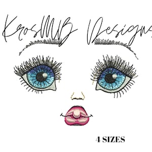 Puede incluir: Diseño bordado de la cara de una muñeca con ojos azules, pestañas, nariz y labios rosas. El diseño está disponible en cuatro tamaños. El texto "KrossMB Designs" está en la parte superior de la imagen.