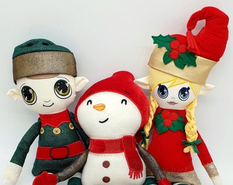 ITH in the hoop embroidery Christmas doll bundle, elf girl, elf boy and snowman